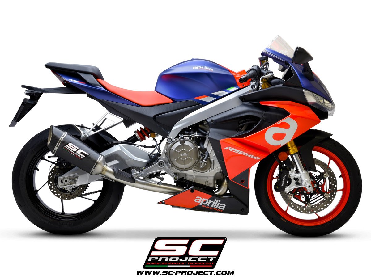 SCE287 | APRILIA | RS660 | 2020 - 2023 | SC Project | Full exhaust system 2-1, Stainless steel, with SC1-R carbon fiber Muffler